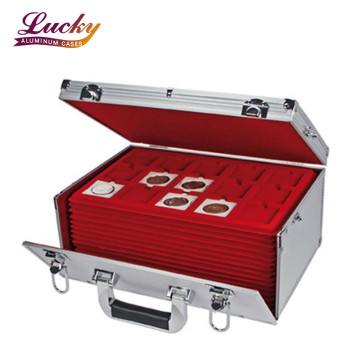 Large Capacity Coin Storage Box with 15 Trays Custom Aluminum Carrying Case Wholesale Coin Case Display